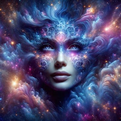 The primary subject of the image is a woman with a unique and artistic appearance. She is adorned with a variety of colors and patterns, giving her a vibrant and lively look. The setting is a space-themed background, which adds to the overall atmosphere of the image. The visual style is a combination of digital art and illustration, creating a captivating and imaginative scene. The colors and mood of the image are predominantly purple and blue, giving it a dreamy and ethere